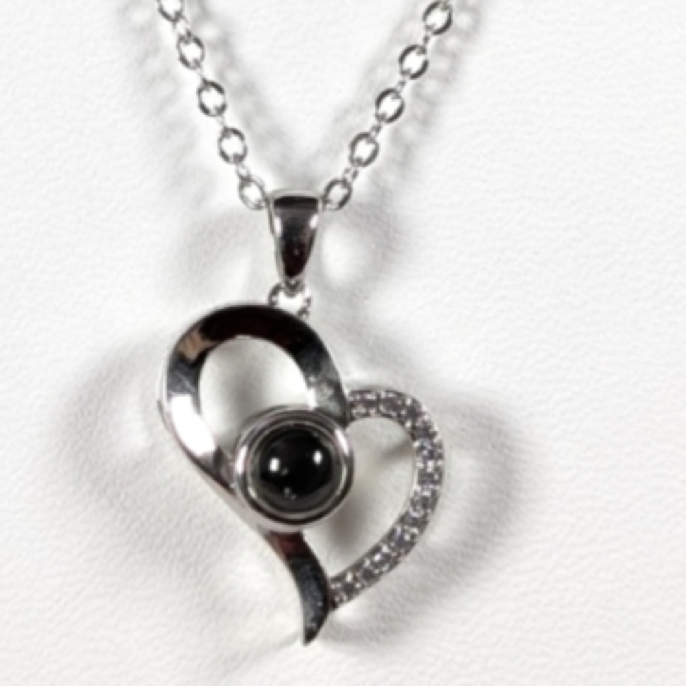Vintage Silver Double Heart Photo Projection Necklace Silver